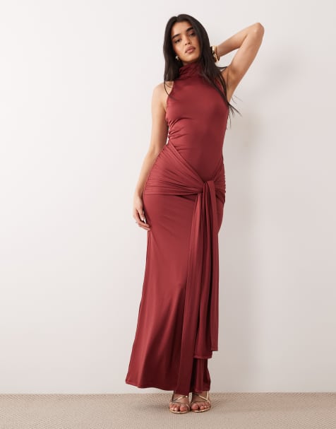 Aria Cove double sculpted slinky high neck drape front maxi dress in burgundy