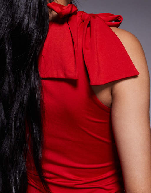 Aria Cove double sculpted slinky tie shoulder detail bodycon maxi dress in red