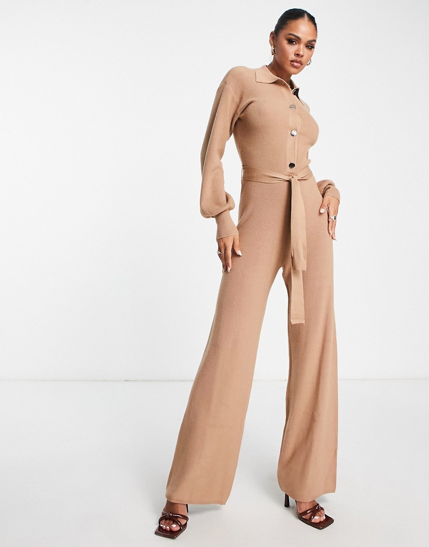Aria Cove drape knit jumpsuit with tie waist in camel-Neutral