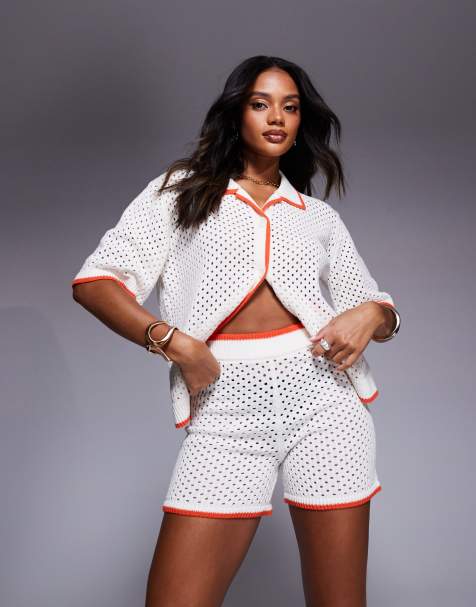 Aria Cove - Ensemble de plage avec chemise et short à finitions contrastantes au crochet - Blanc et orange - view 1