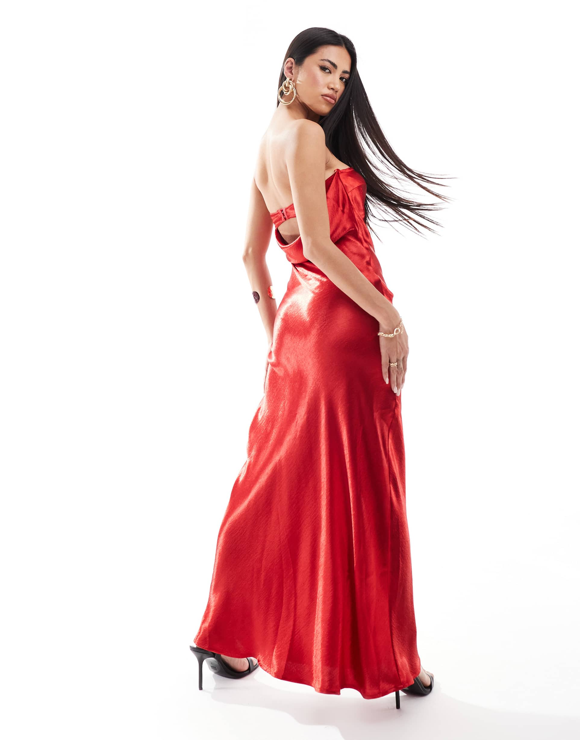 aria cove exclusive hammered satin bandeau open back maxi dress in red