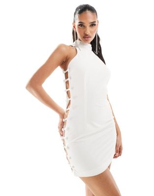 Aria Cove Exclusive High Neck Open Button Side Detail Mini Dress In White
