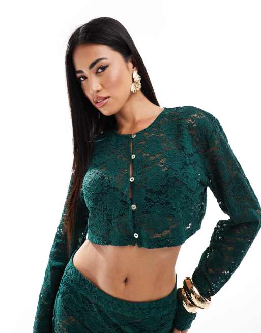 Aria Cove exclusive lace button through long sleeve top in emerald green - part of a set