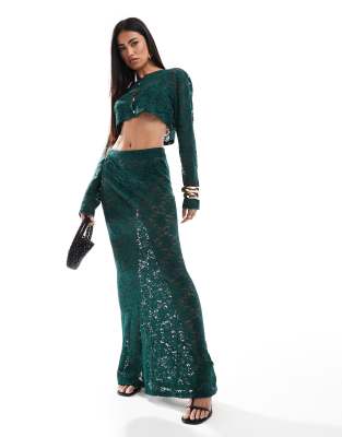 Aria Cove Aria Cove exclusive lace column maxi skirt co-ord in emerald green