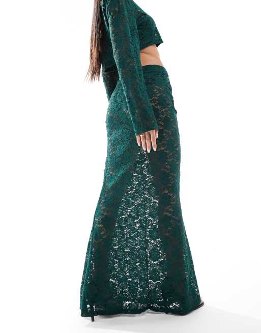 Aria Cove exclusive lace column maxi skirt co-ord in emerald green, 2 of 5