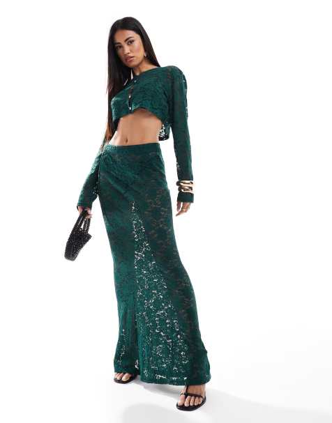 Aria Cove exclusive lace column maxi skirt in emerald green - part of a set - view 1