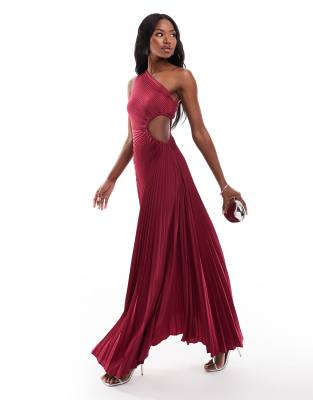 Aria Cove Exclusive Pleated One-shoulder Cut-out Maxi Dress In Berry-red