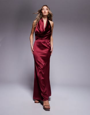 Aria Cove exclusive satin deep plunge fishtail maxi dress in burgundy