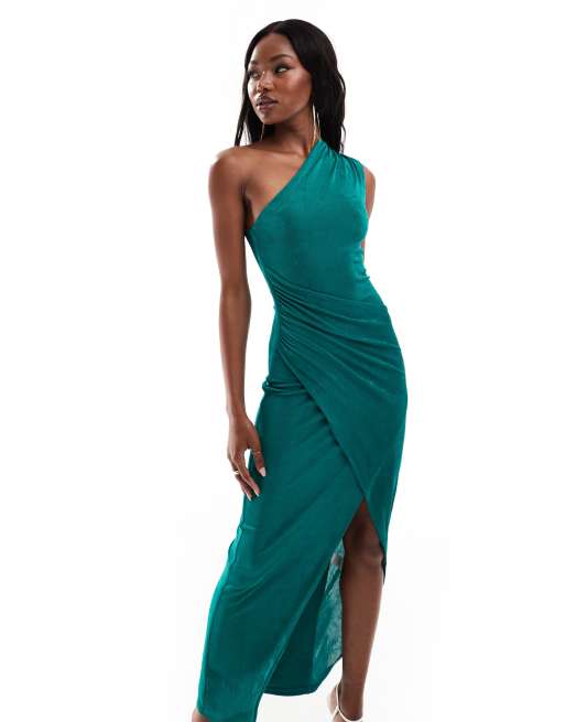 Aria Cove Exclusive Slinky One Shoulder Thigh Slit Maxi Dress in emerald Green