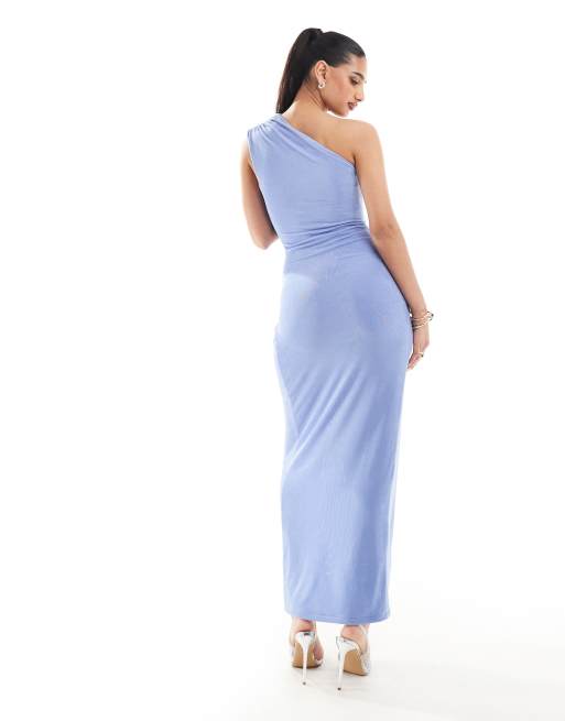 Aria Cove exclusive slinky one shoulder thigh split maxi dress in light blue, 4 of 4