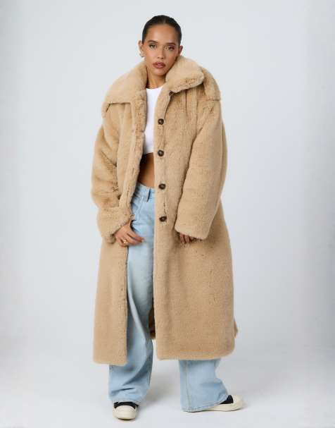 Aria Cove faux fur button detail collared belted maxi coat in camel - view 1