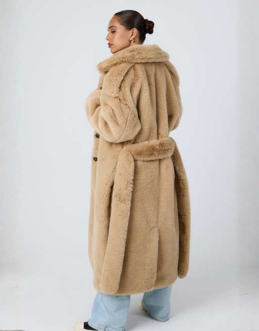 Aria Cove faux fur button detail collared belted maxi coat in camel, 2 of 4