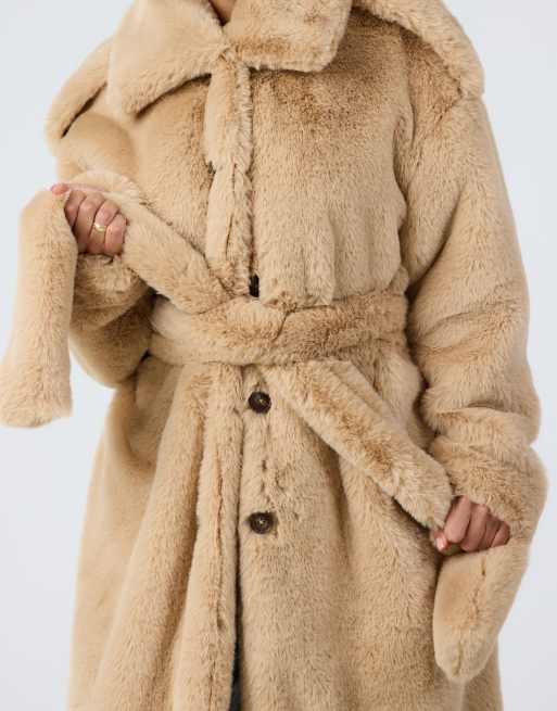 Aria Cove faux fur button detail collared belted maxi coat in camel, 3 of 4