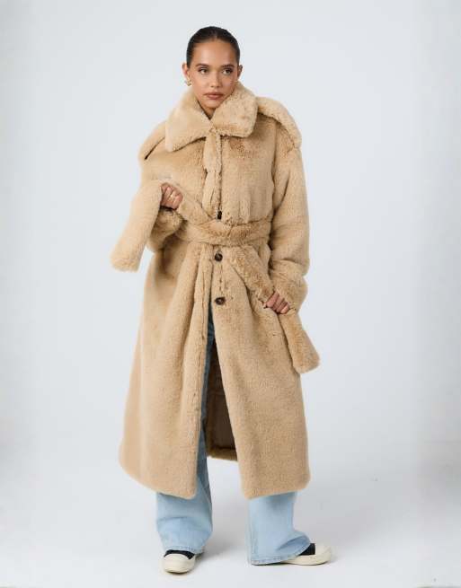 Aria Cove faux fur button detail collared belted maxi coat in camel, 4 of 4