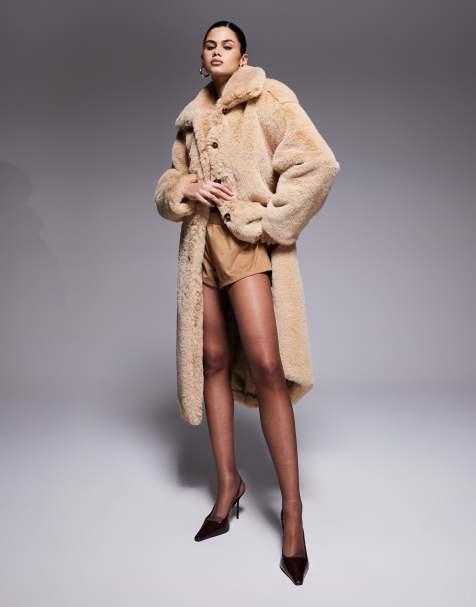 Aria Cove faux fur button detail collared maxi coat in camel - view 1
