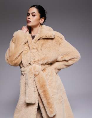 Aria Cove Faux Fur Button Detail Collared Maxi Coat In Animal Print