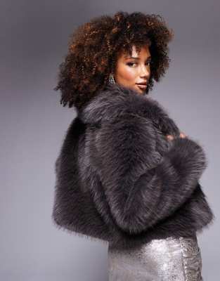 faux fur coat in charcoal-Gray