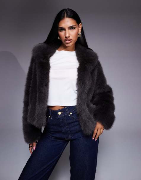 Aria Cove faux fur collared cropped coat in charcoal - view 1