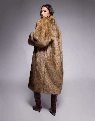 Aria Cove Faux Fur Collarless Oversized Longline Coat In Brown