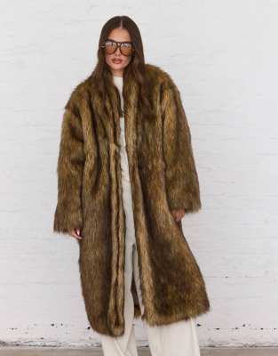 Aria Cove Faux Fur Collarless Oversized Longline Coat In Brown