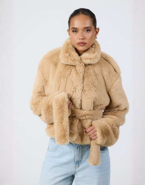 Aria Cove faux fur funnel neck belted jacket in camel