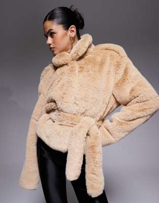 Aria Cove Faux Fur Funnel Neck Belted Jacket In Neutral