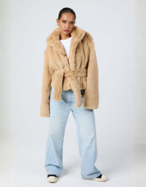 Aria Cove faux fur funnel neck belted jacket in camel, 2 of 4