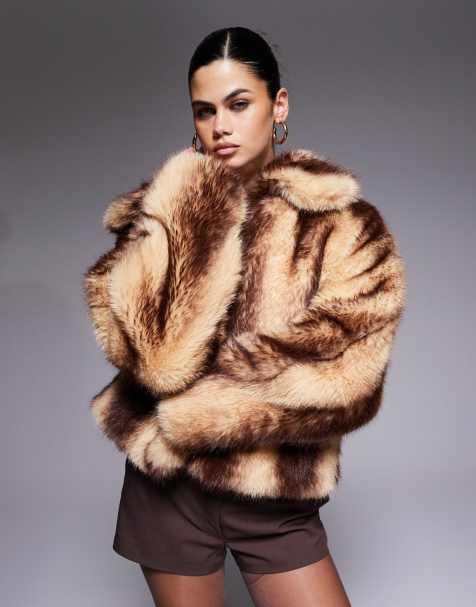 Aria Cove faux fur midi coat in cream and brown stripe - view 1