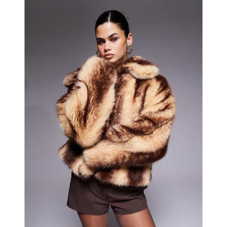Aria Cove faux fur midi coat in cream and brown stripe | ASOS