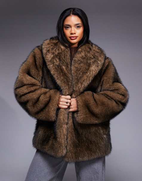 Aria Cove faux fur oversized collar wide sleeve jacket in brown tipped fur - view 1