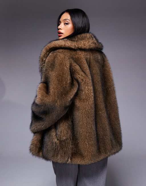 Aria Cove faux fur oversized collar wide sleeve jacket in brown tipped fur