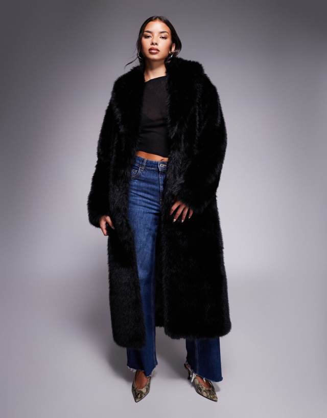 Aria Cove faux fur oversized collared maxi jacket in black | ASOS