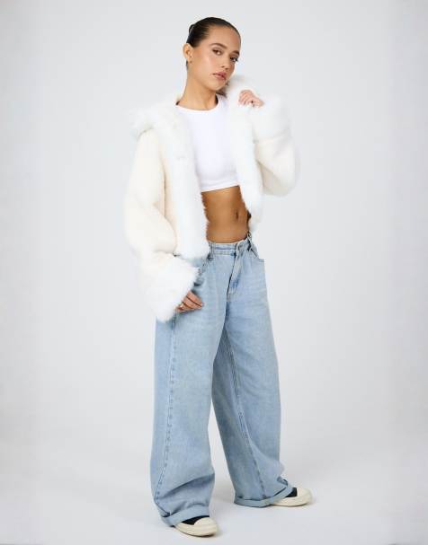 Aria Cove faux fur trim boucle hooded jacket in cream