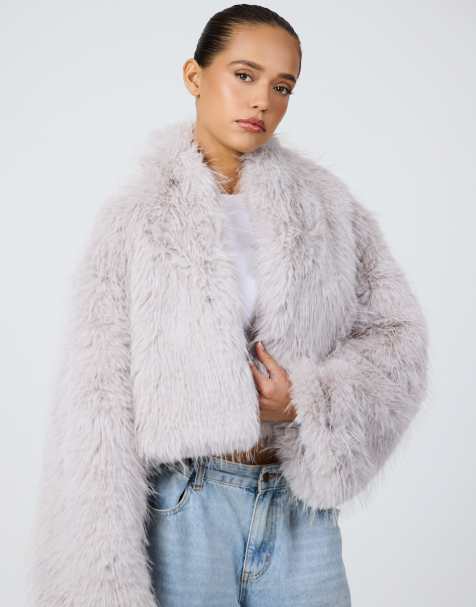 Aria Cove faux fur wide sleeve cropped jacket in gray - view 1