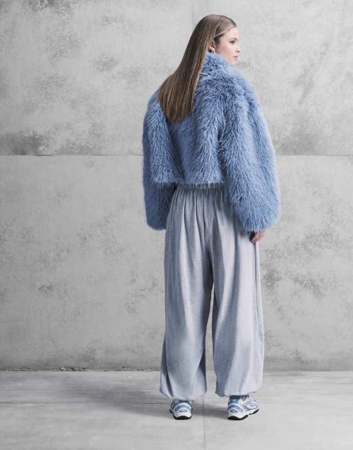 Aria Cove faux fur wide sleeves cropped jacket in blue | ASOS