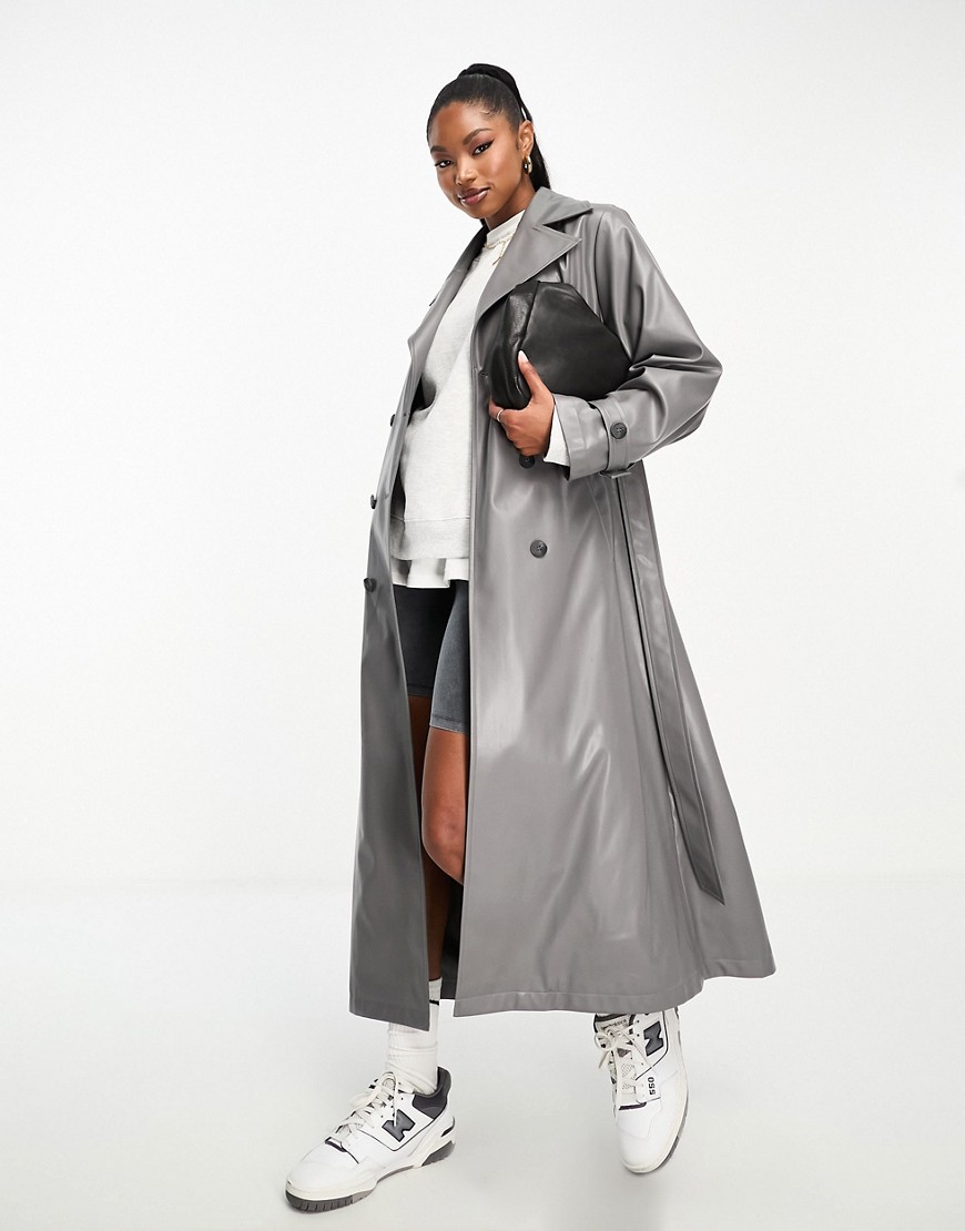 Aria Cove faux leather belted maxi trench coat in grey