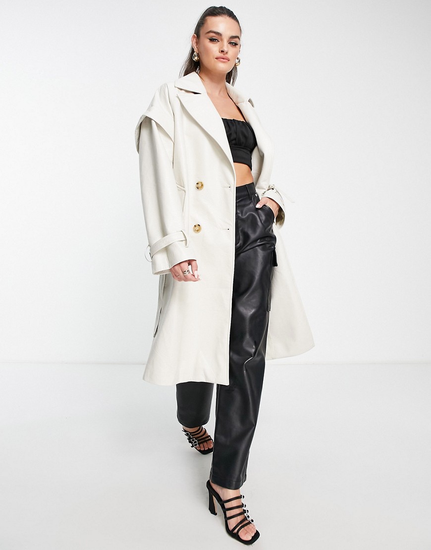 Aria Cove Structured Trench Coat With Tie Waist In Camel-neutral In White