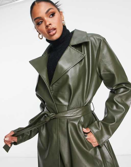 Aria Cove faux leather trench coat in khaki