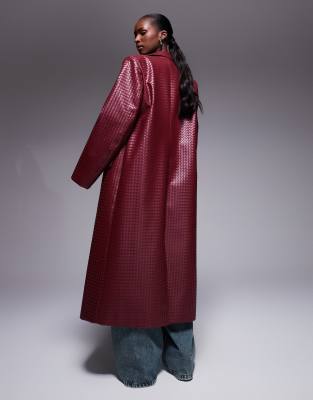 Aria Cove Faux Leather Weave Detail Maxi Formal Coat In Red