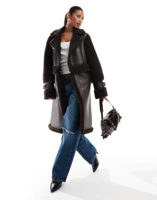 Aria Cove Faux Shearling 2 In 1 Longline Coat In Chocolate-brown
