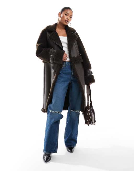 Aria Cove faux shearling in longline coat in chocolate ASOS