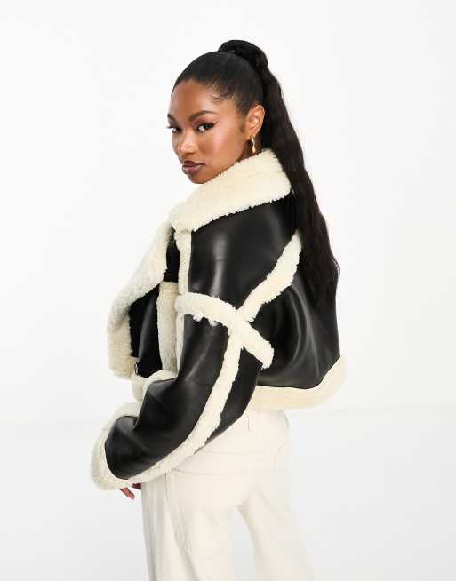 Aria Cove faux shearling contrast leather look cropped coat in