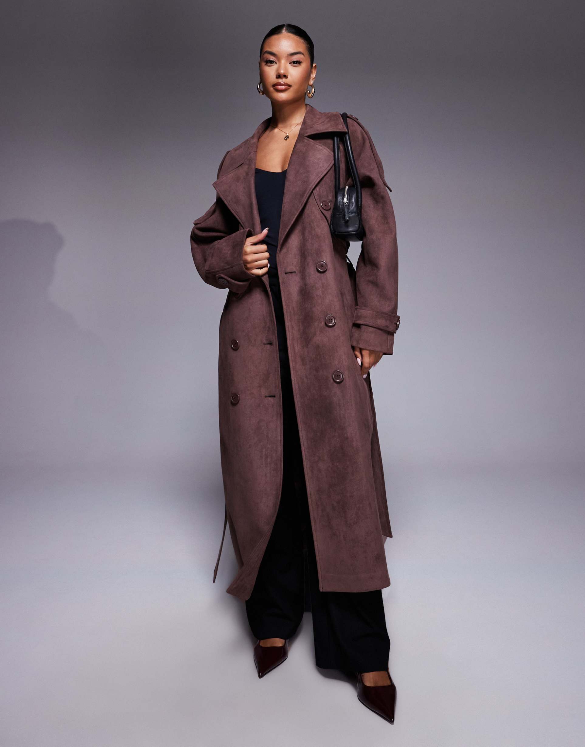 aria cove faux suede belted maxi trench coat in chocolate