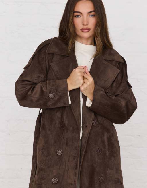 Aria Cove faux suede belted maxi trench coat in chocolate, 2 of 4
