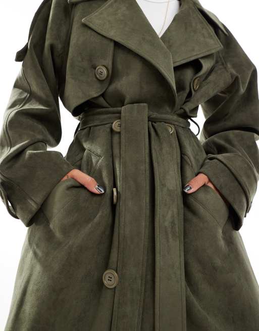 Aria Cove faux suede belted trench coat in khaki, 4 of 4