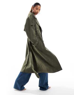 faux suede belted trench coat in olive-Green