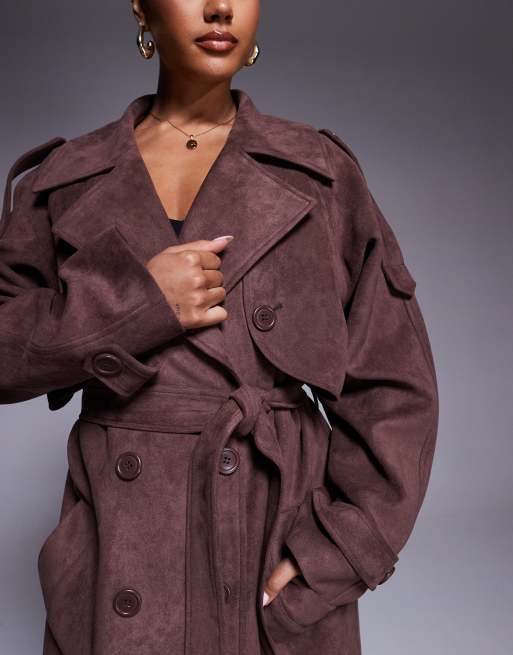 Aria Cove faux suede belted trench maxi coat in chocolate, 3 of 4