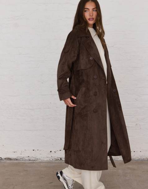 Aria Cove faux suede belted trench maxi coat in chocolate - view 1
