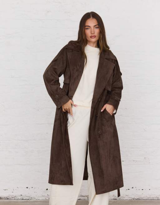 Aria Cove faux suede belted trench maxi coat in chocolate, 4 of 4