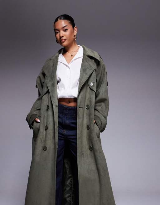 Aria Cove faux suede belted trench maxi coat in khaki, 2 of 4